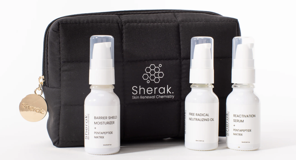 Sherak skincare set featuring a black travel pouch and three products: moisturizer, neutralizing oil, and reactivation serum.