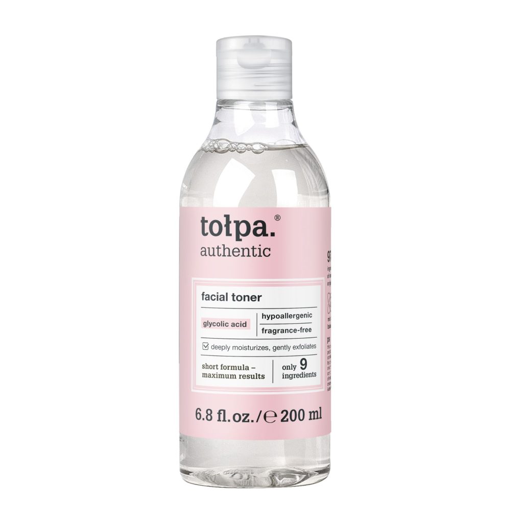Totpa authentic facial toner with glycolic acid, labeled fragrance-free and hypoallergenic, in a clear bottle.