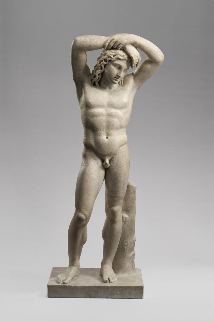 Marble statue of Narcissus, depicted in a pose of contemplation, showcasing intricate details and classical beauty.