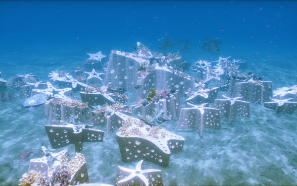 Underwater installation of starfish sculptures surrounded by marine life, reflecting themes of art and consumerism at Art Basel Miami Beach 2025.