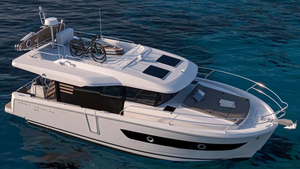 A modern white yacht with bikes and a sun deck, floating on clear blue water, ideal for leisure and exploration.