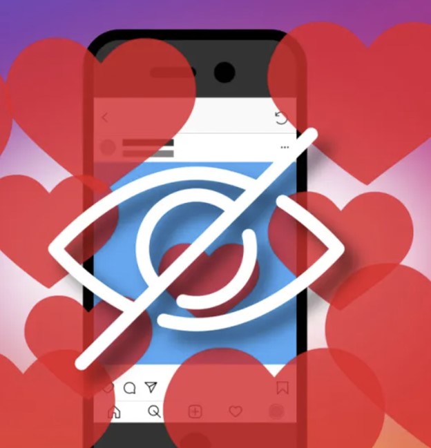 Phone screen displaying Instagram with hidden likes symbolized by an eye crossed out, surrounded by heart shapes.