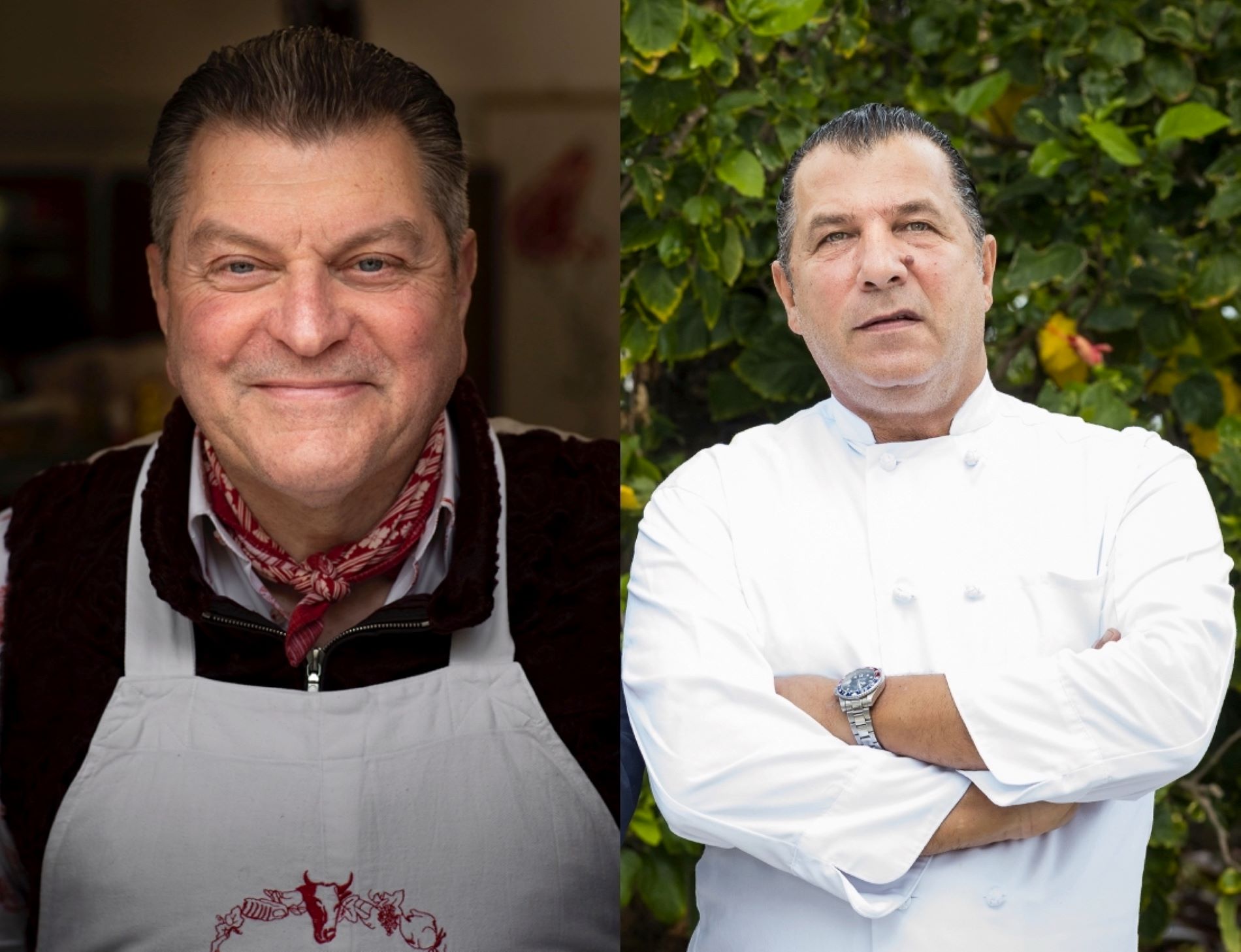 Dario Cecchini smiles warmly in an apron, while Claudio Lobina stands confidently in a white chef's coat against a leafy backdrop.