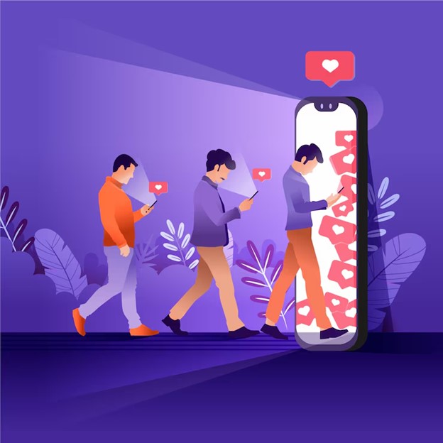 Three men walking towards a large smartphone displaying social media notifications and likes against a purple background.