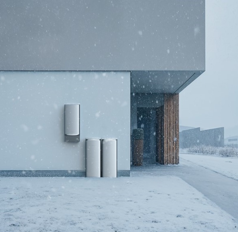 Modern house exterior in a snowy landscape, featuring energy storage solutions alongside minimalistic design elements.