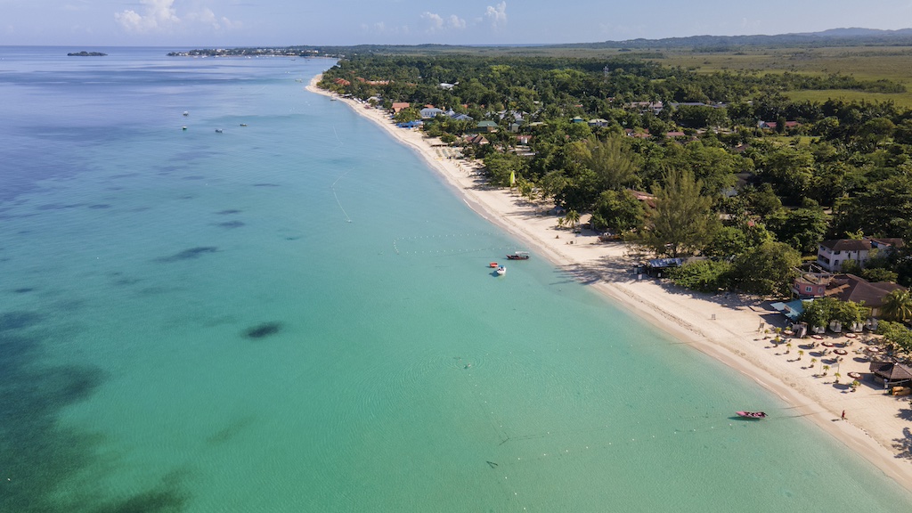 Aerial view of Seven Mile Beach showcasing turquoise waters, white sand, and lush greenery in Negril, Jamaica.