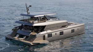 A sleek, modern eco-yacht with multiple levels, large windows, and a spacious deck cruising through tranquil waters.