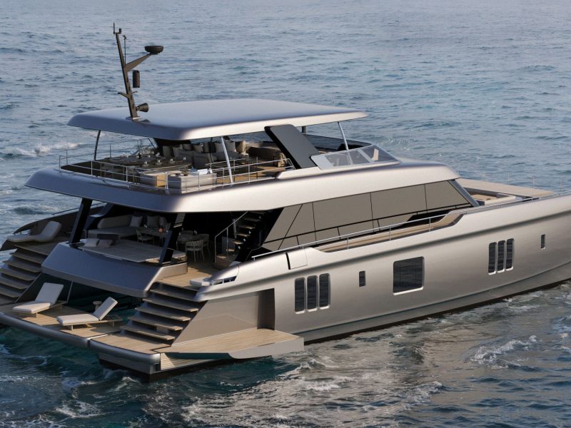 A sleek, modern eco-yacht with multiple levels, large windows, and a spacious deck cruising through tranquil waters.