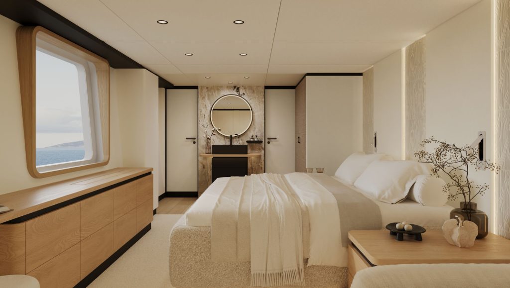 Luxurious eco-yacht interior featuring a stylish bedroom with modern decor, natural light, and sustainable furnishings.