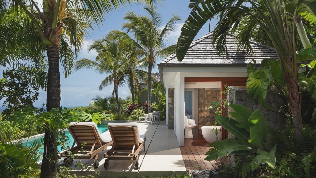 Private villa with a pool surrounded by palm trees and lush greenery, offering a serene escape for luxury travelers.