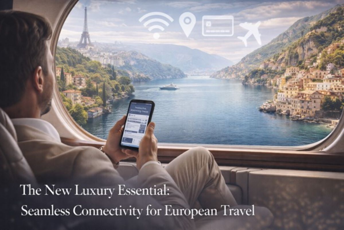 A traveler enjoys scenic views while using a smartphone to access connectivity features for European travel.