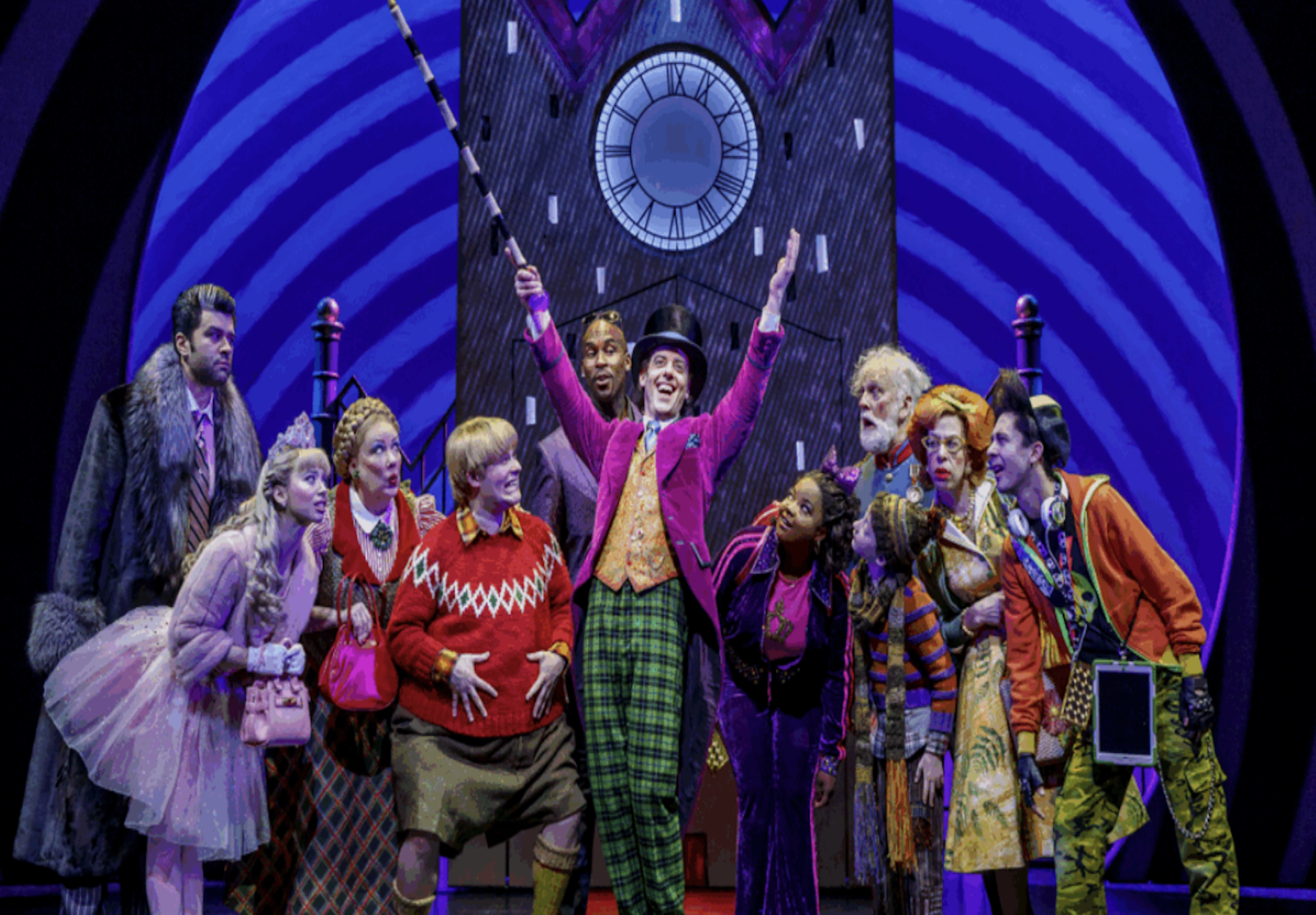 Cast members performing in a vibrant scene from Charlie and the Chocolate Factory at Richmond Theatre.