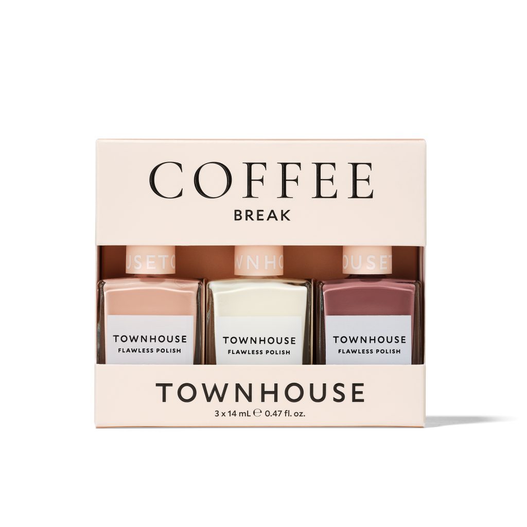 Townhouse Coffee Break set featuring three bottles of nail polish in soft, pastel shades. Perfect for Mother's Day gifting.