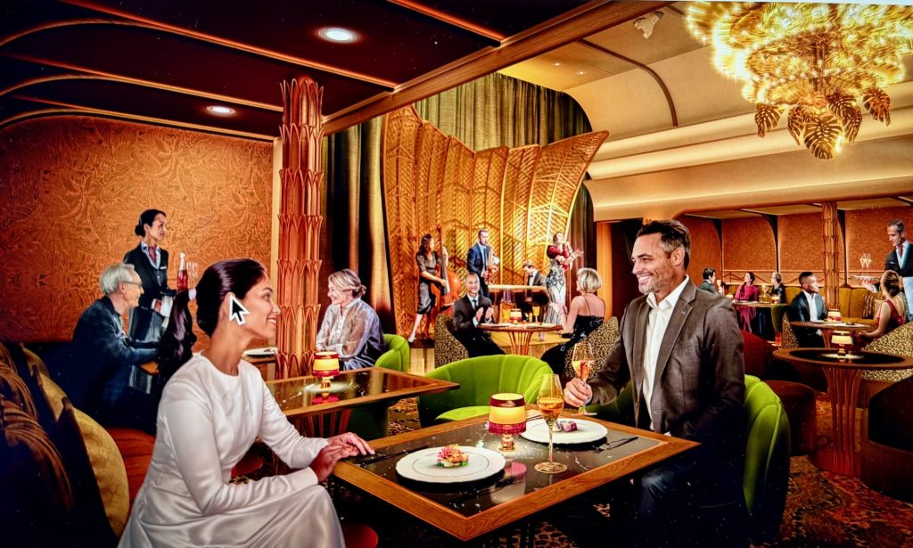 Elegant dining scene on the New Legend of the Seas, featuring guests enjoying meals and live entertainment in a luxurious setting.