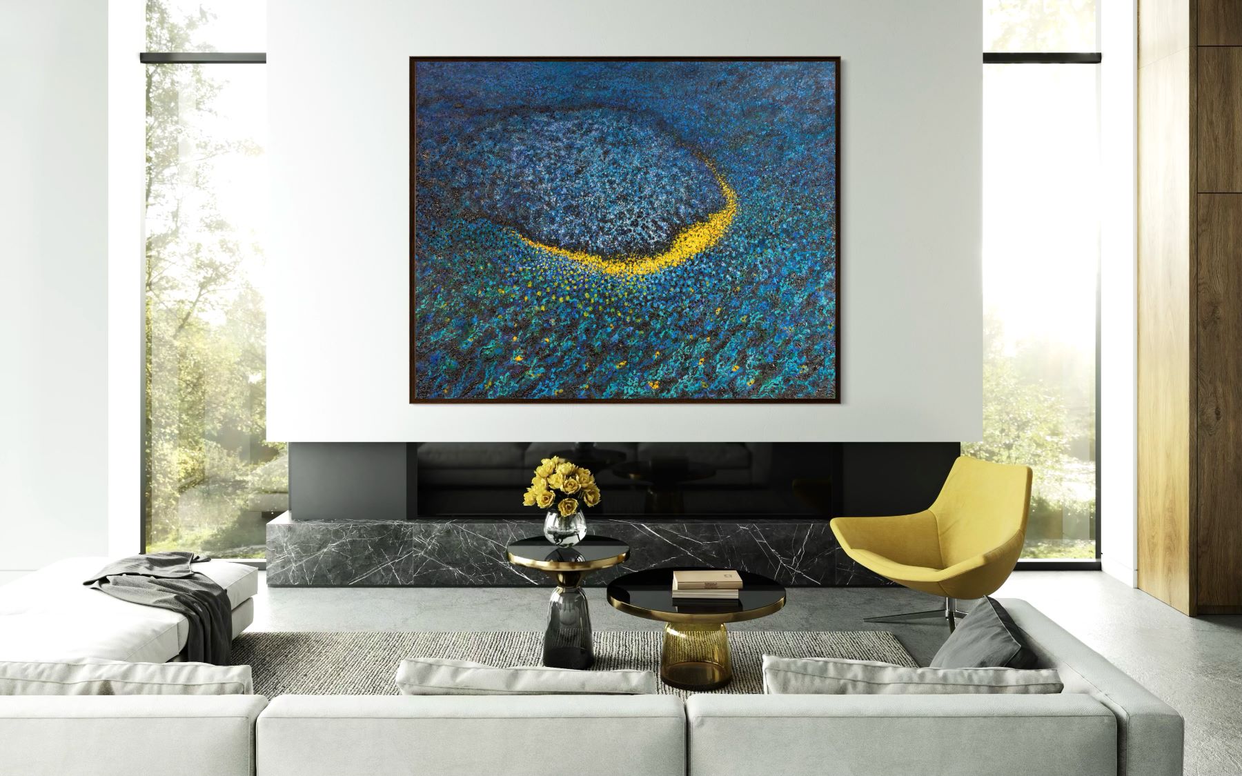 Vibrant abstract artwork featuring blues and yellows, displayed in a modern living room setting during WEF 2026.
