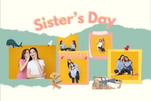 Collage of two sisters celebrating Sister's Day with joyful moments and colorful backgrounds.