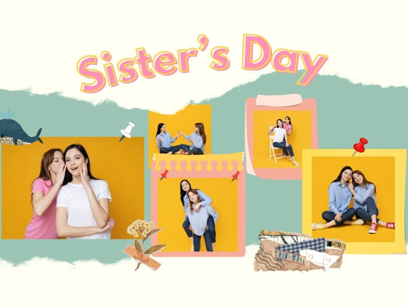 Collage of two sisters celebrating Sister's Day with joyful moments and colorful backgrounds.