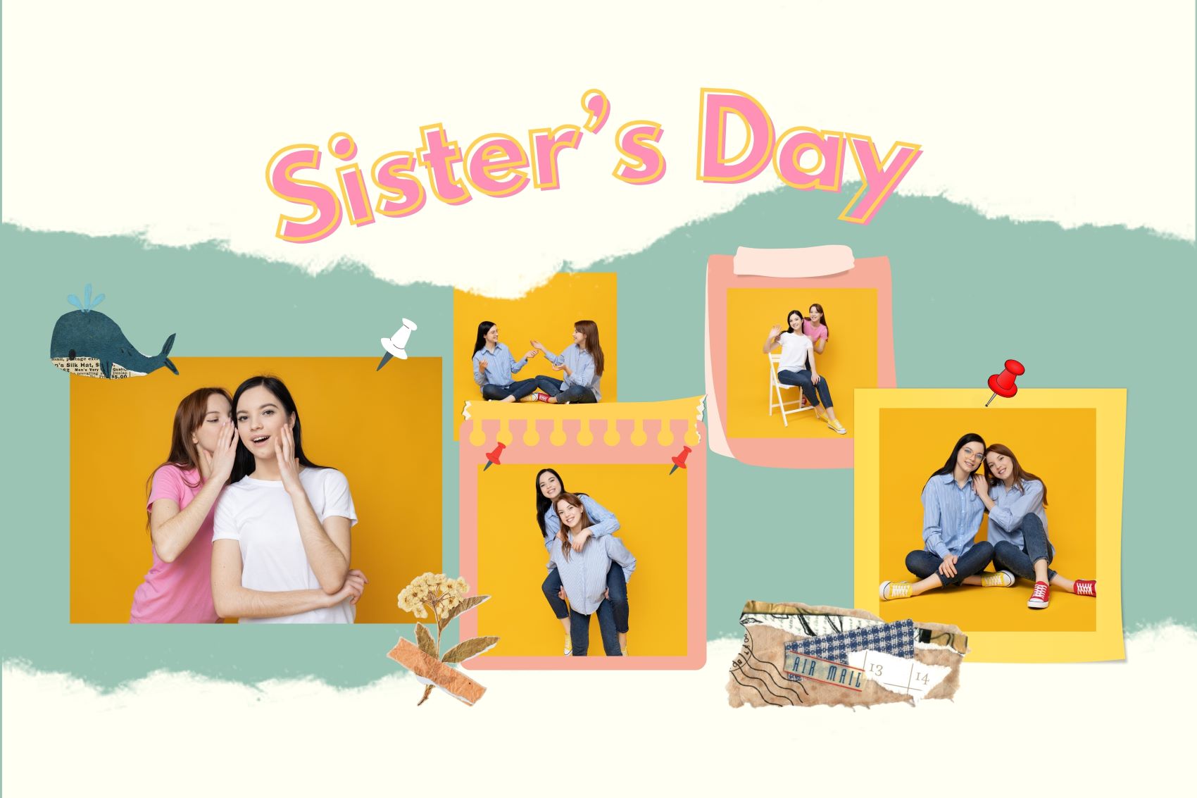Collage of two sisters celebrating Sister's Day with joyful moments and colorful backgrounds.