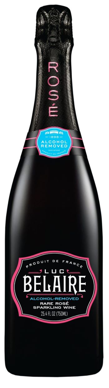 Luc Belaire Rare Rosé alcohol-removed sparkling wine bottle with elegant black and pink label. Ideal gift for Father's Day.