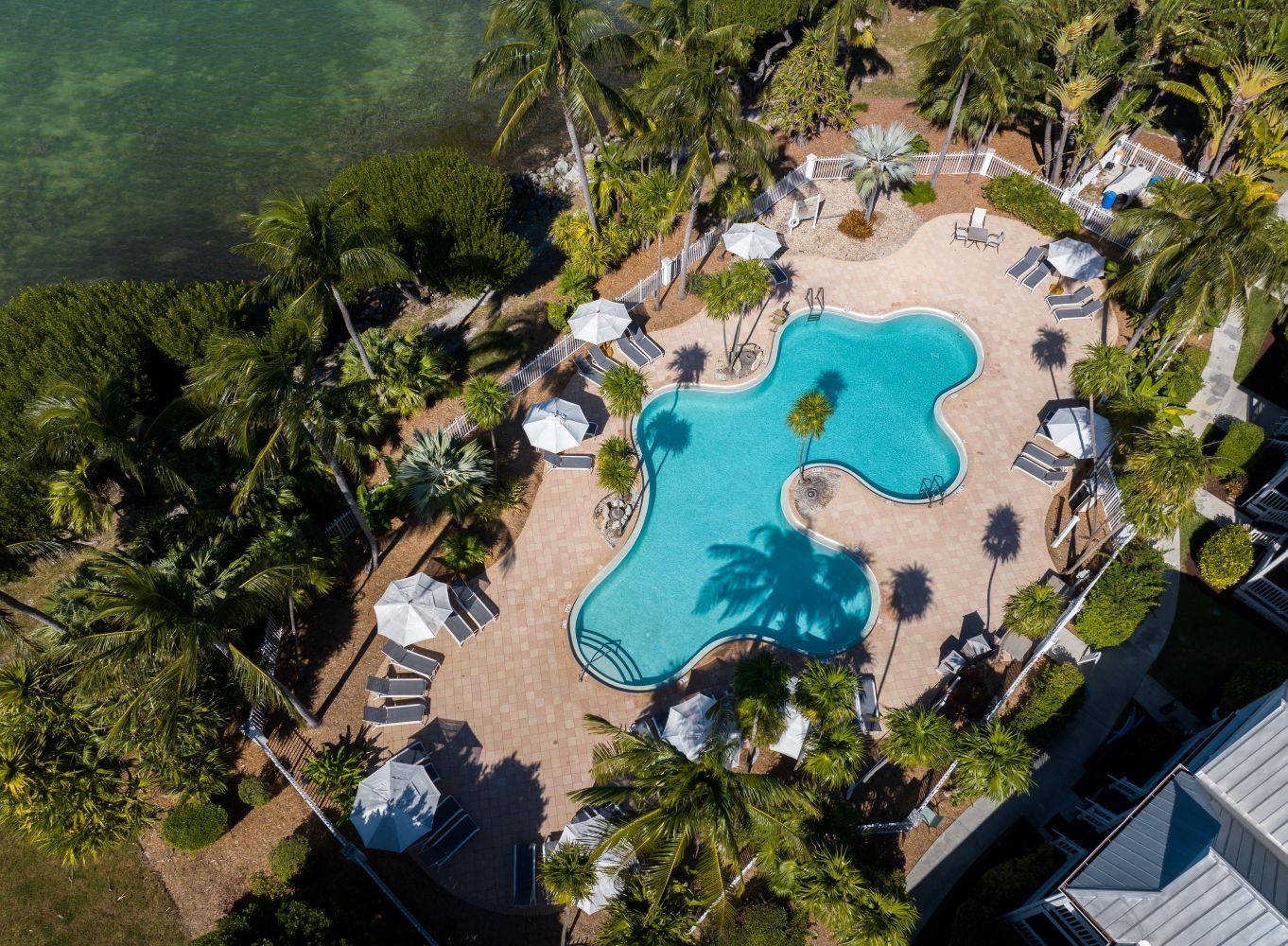 Aerial view of a tropical pool area at Hawks Cay Resort surrounded by palm trees and lounge chairs in the Florida Keys.