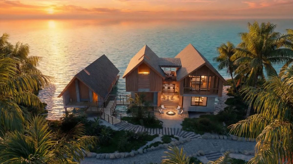 Branded residences by the ocean, featuring modern architecture and sunset views, surrounded by lush tropical landscaping.