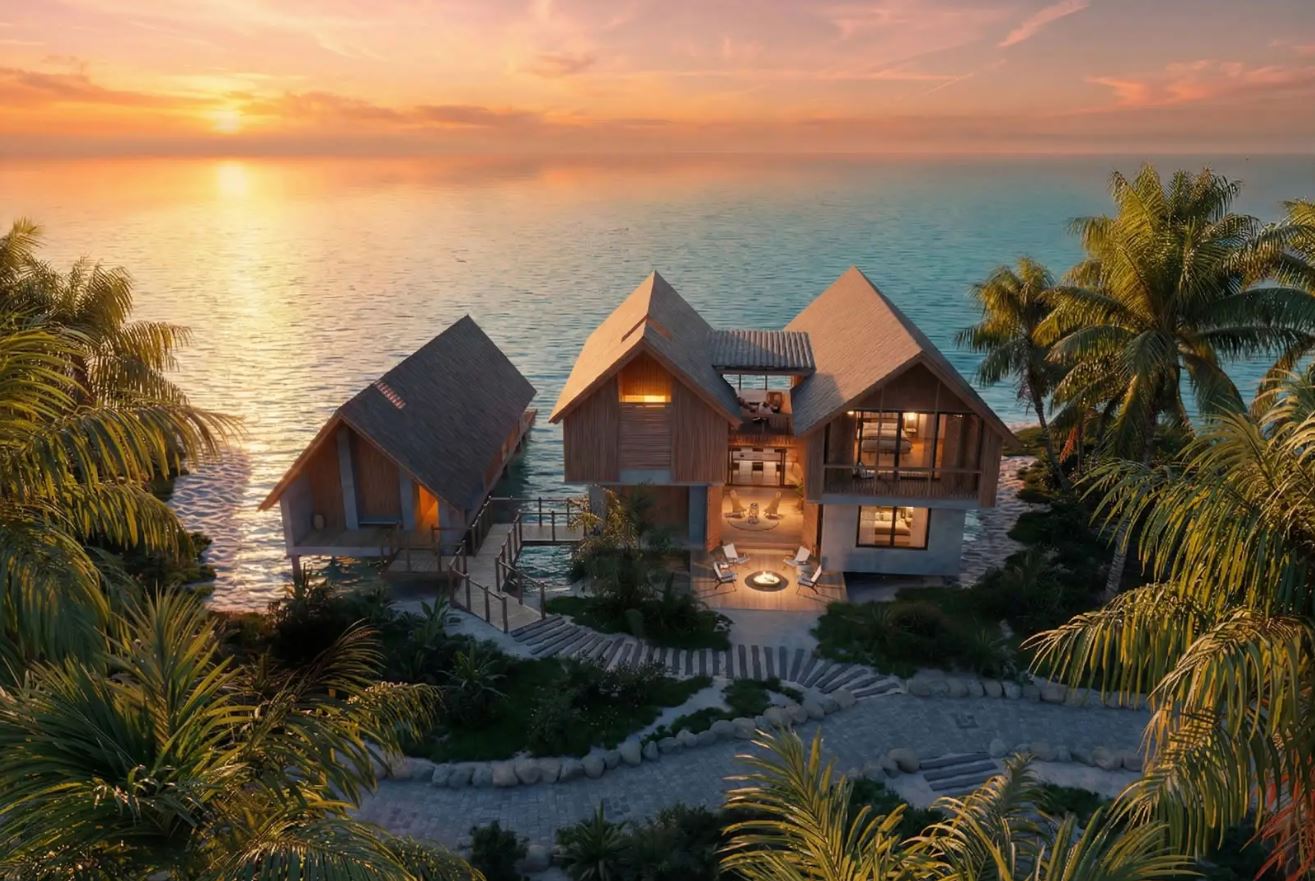 Branded residences by the ocean, featuring modern architecture and sunset views, surrounded by lush tropical landscaping.