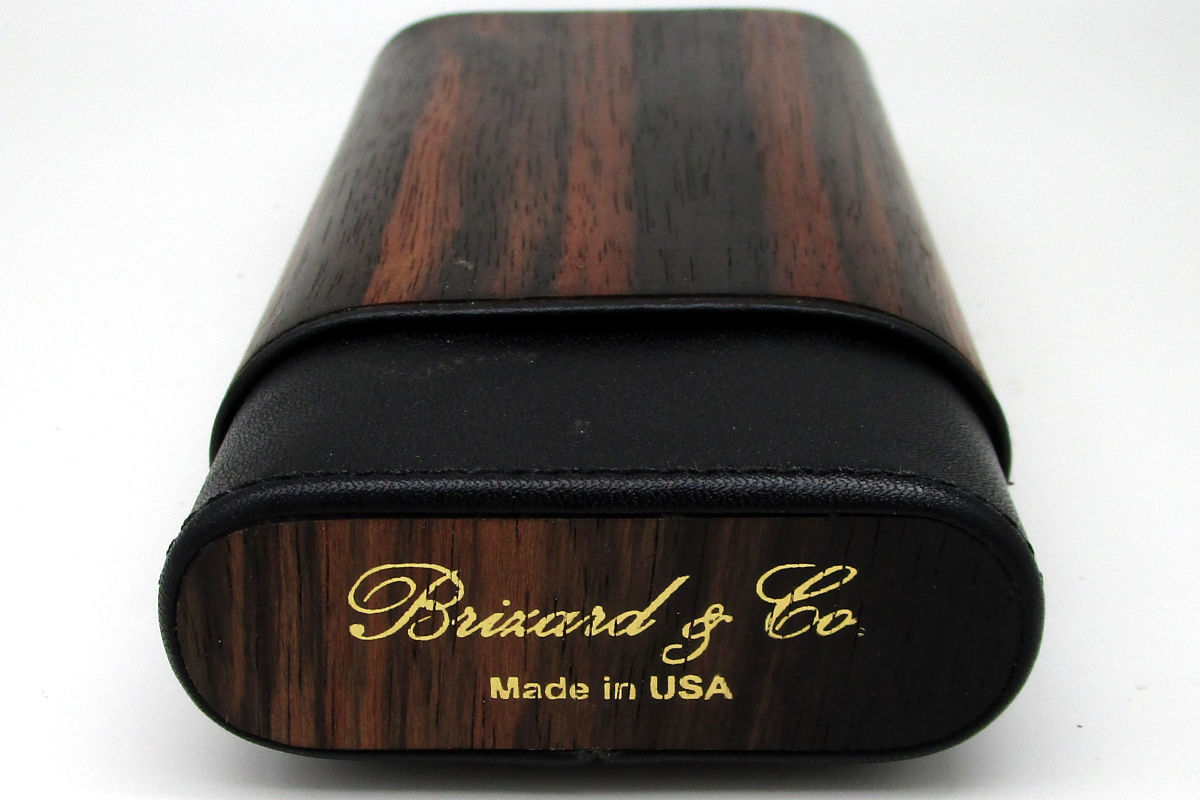 Luxury cigar case with a wooden finish and gold lettering from Briar & Co, marked "Made in USA."