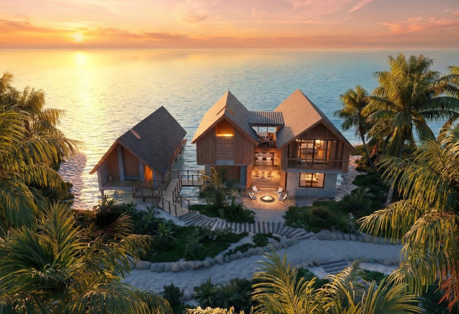 Luxurious beachfront villa at sunset surrounded by palm trees, featuring a cozy outdoor seating area and tranquil ocean views.