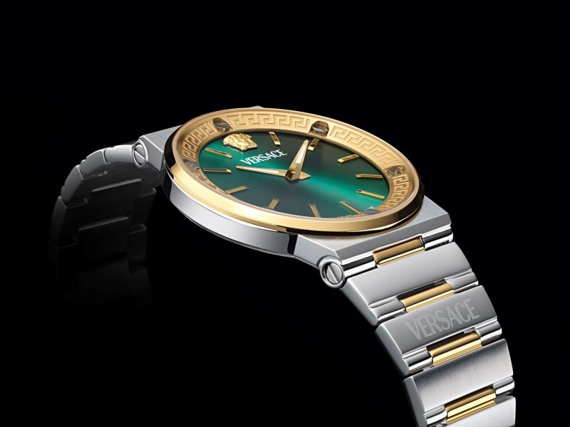 Versace watch featuring a green dial, gold accent, and a stainless steel bracelet, designed for Spring-Summer 2026.