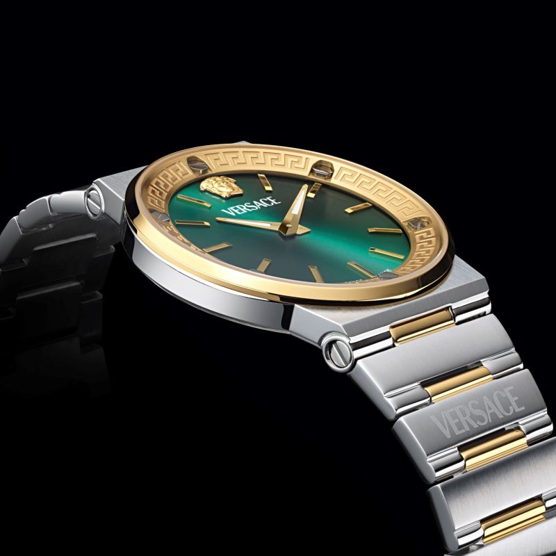 Versace watch featuring a green dial, gold accent, and a stainless steel bracelet, designed for Spring-Summer 2026.