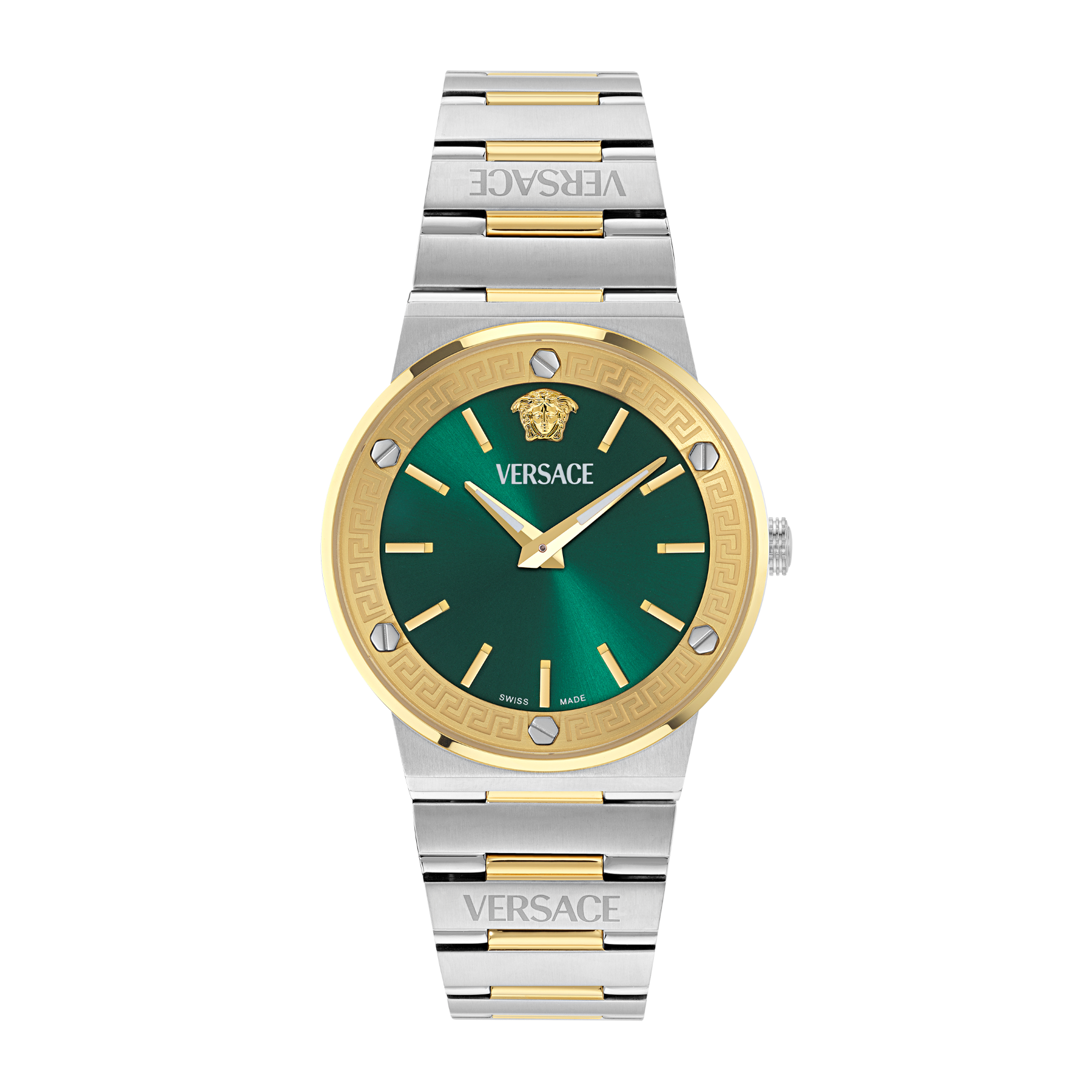 Versace men's watch featuring a green dial, gold accents, and a silver bracelet, part of the Spring-Summer 2026 collection.