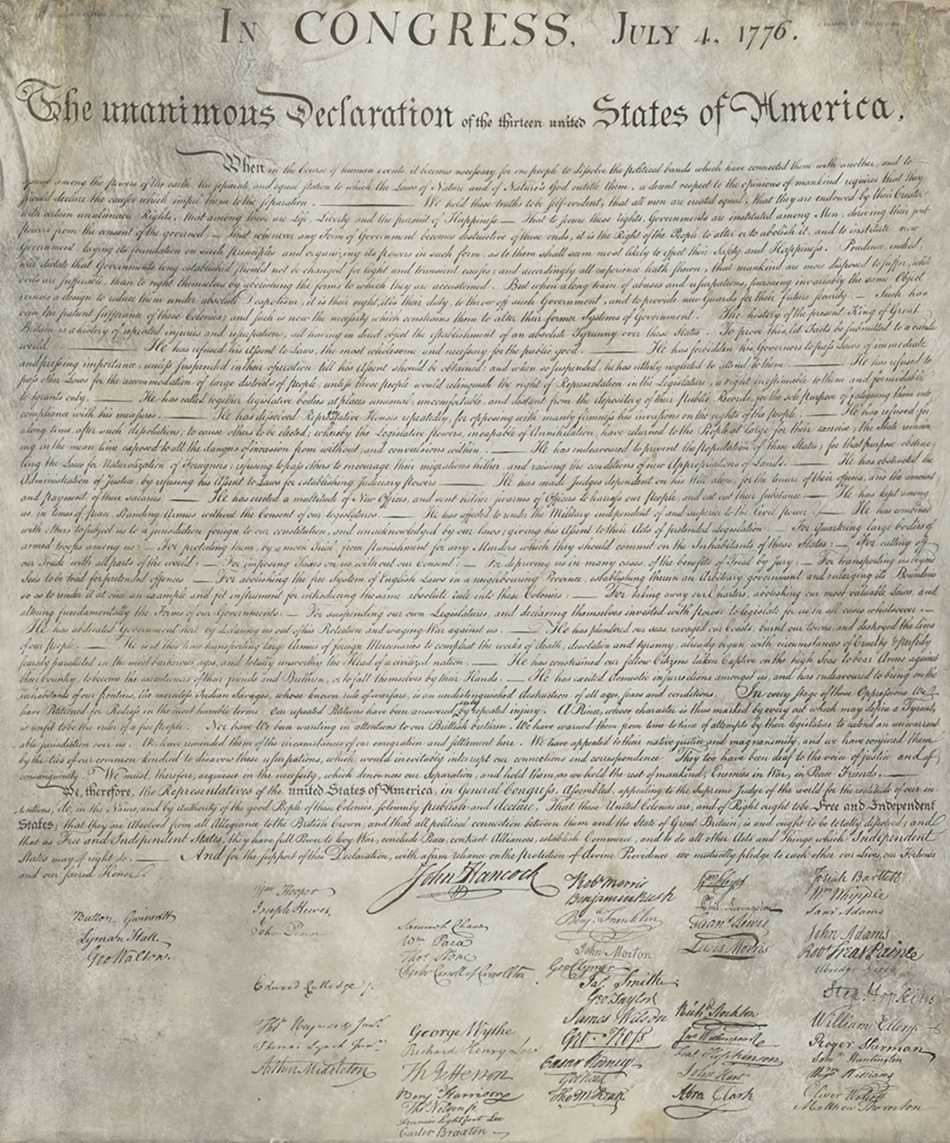 The U.S. Declaration of Independence, a historic document dated July 4, 1776, featuring signatures of key Founding Fathers.