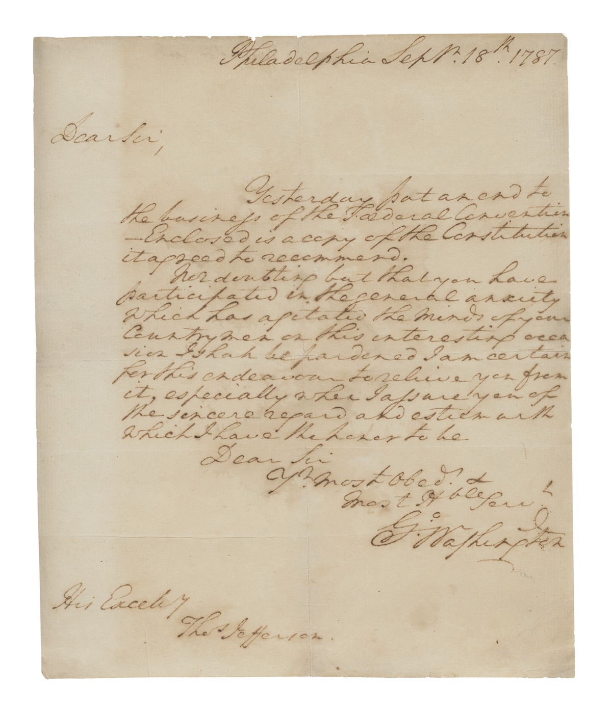 A handwritten letter from George Washington to Thomas Jefferson dated September 18, 1787, discussing constitutional matters.