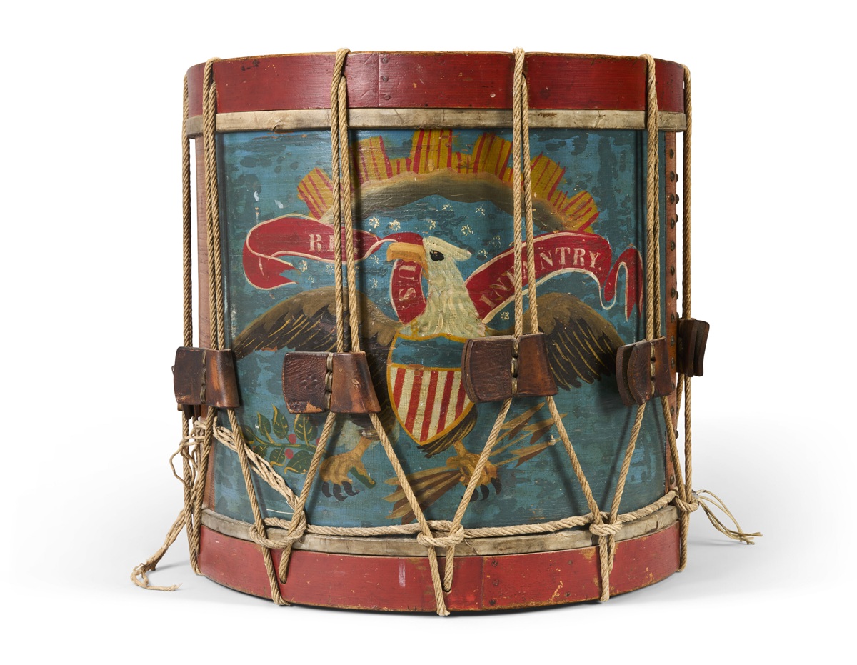Drum painted with an eagle and shield design, featured in the Jim Irsay Collection auction at Christie's New York.