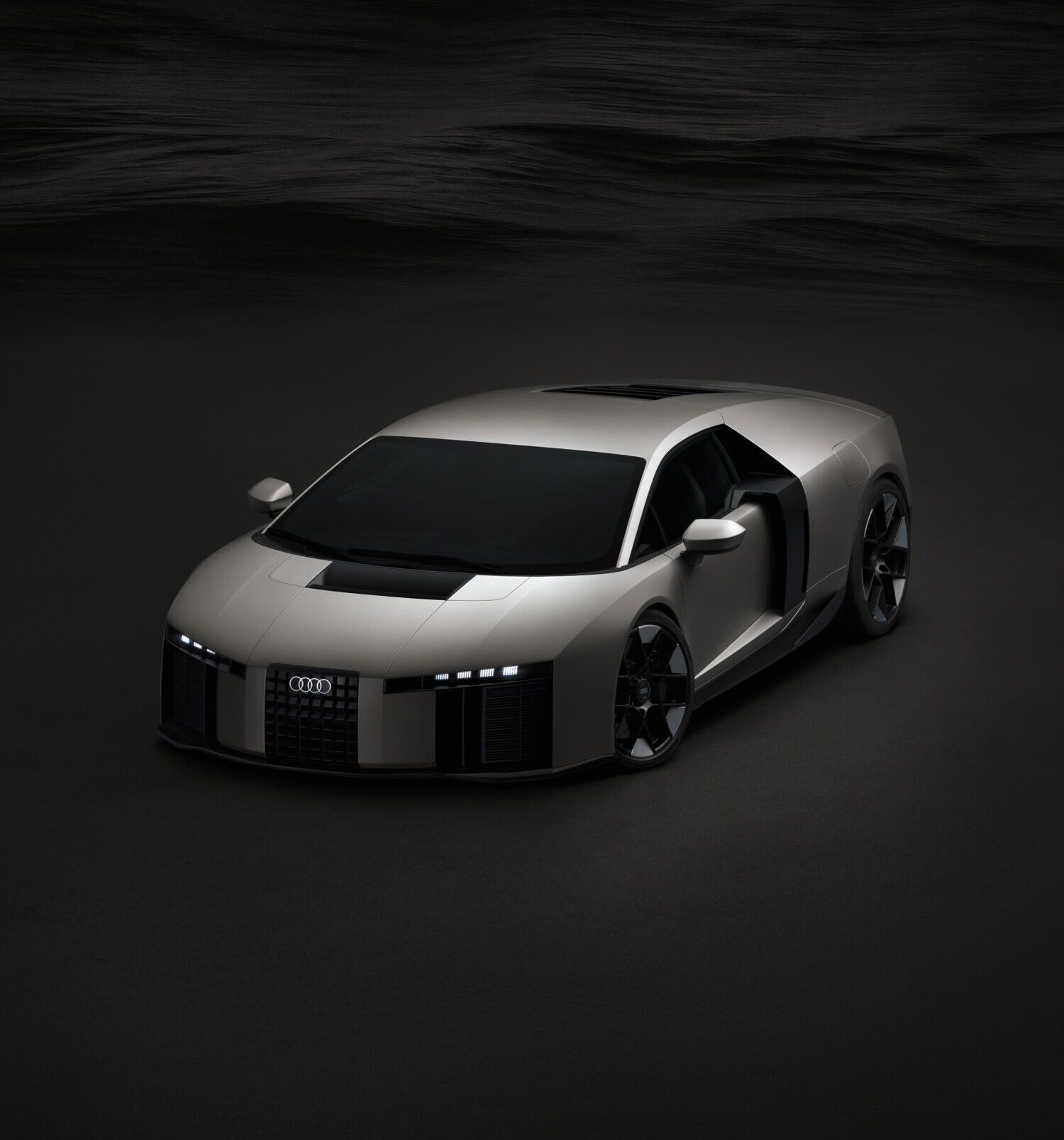 Audi Nuvolari, a 1,001-HP hybrid supercar, showcased with a sleek design against a dark background.