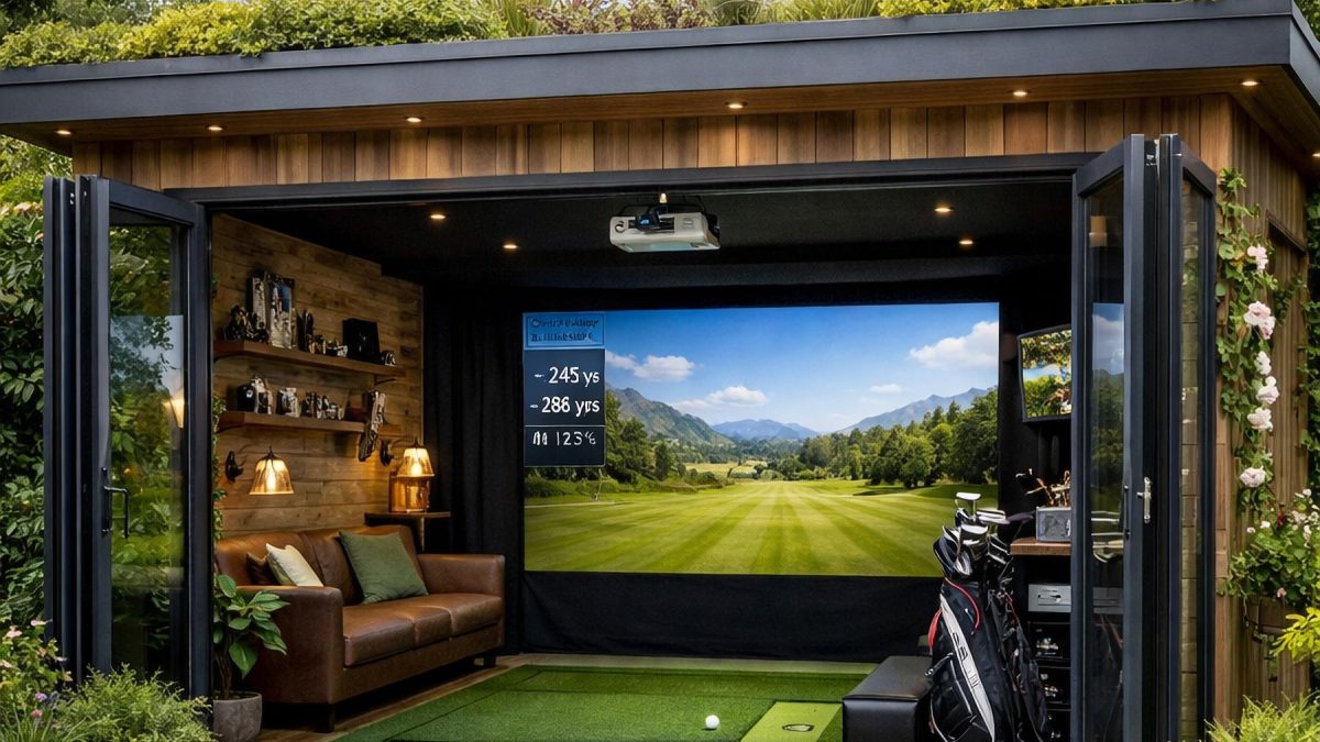 A stylish home golf simulator setup featuring a projector screen, artificial turf, a couch, and golf equipment.