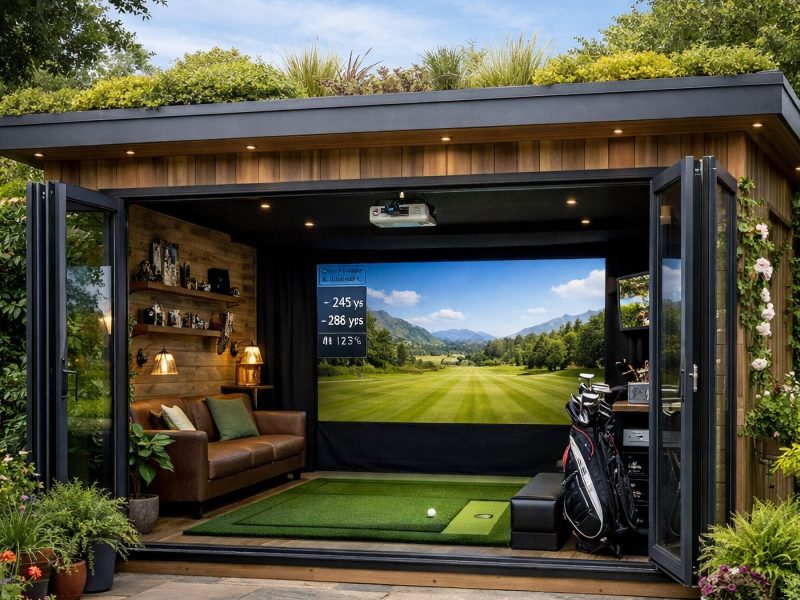 A stylish home golf simulator setup featuring a projector screen, artificial turf, a couch, and golf equipment.