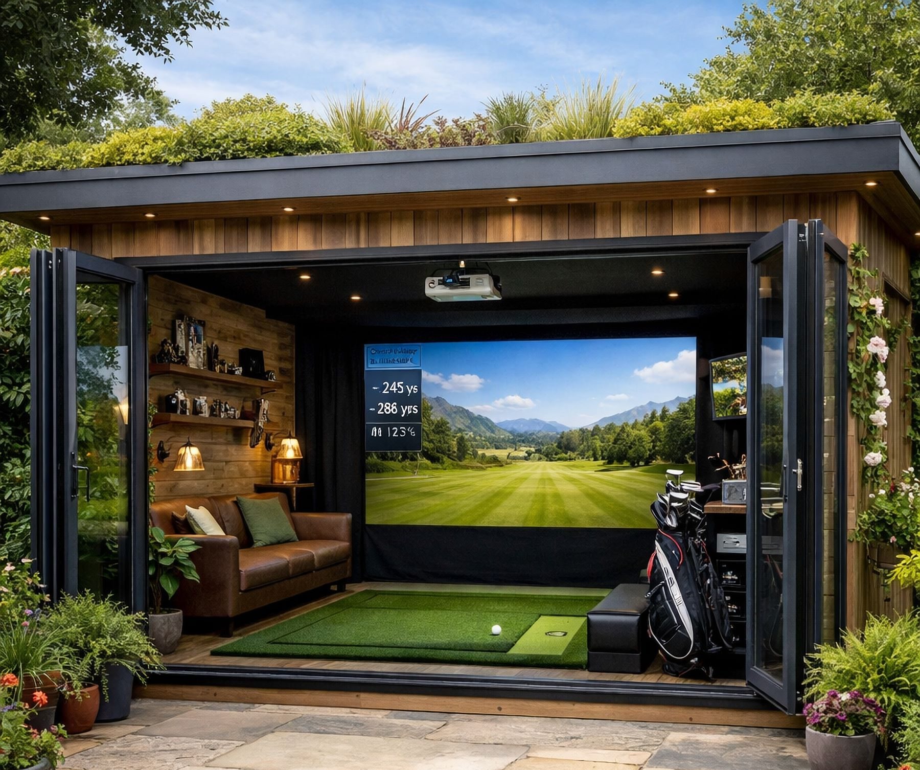 A stylish home golf simulator setup featuring a projector screen, artificial turf, a couch, and golf equipment.