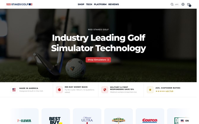Golf simulator technology showcased with an emphasis on serious players and various retail partnerships.