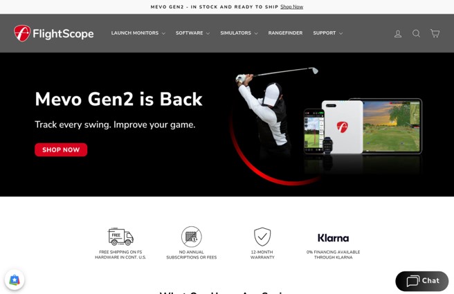 Mevo Gen2 golf simulator promoting swing tracking and game improvement on a modern device interface.