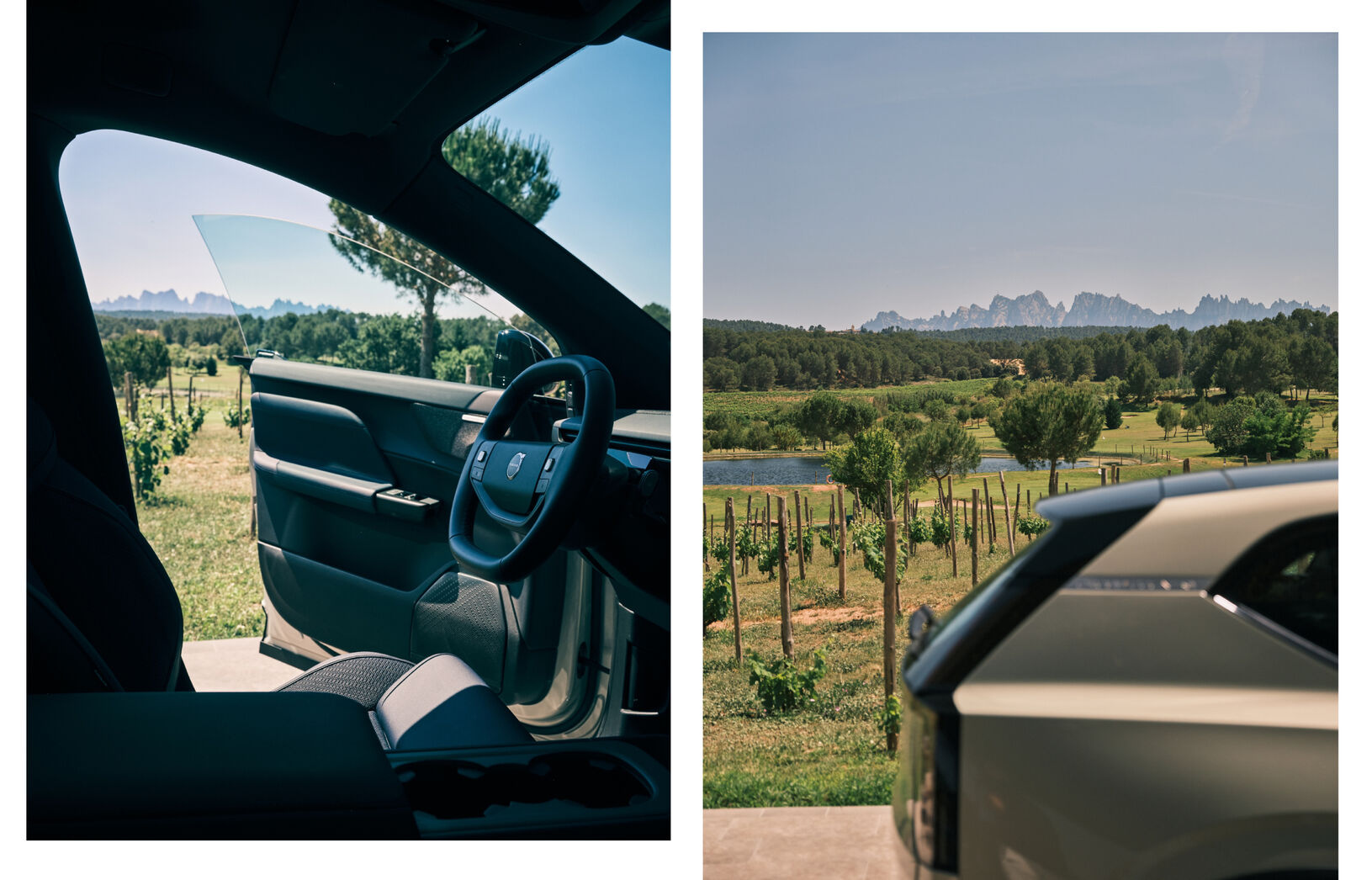 Interior view of the Volvo EX60 with a scenic vineyard and mountains in the background, showcasing a blend of nature and innovation.