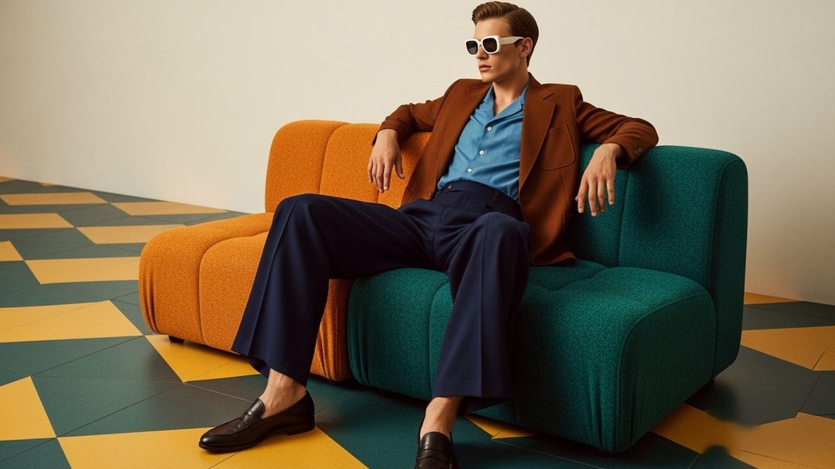 Man in brown blazer and blue shirt sits casually on an orange and green couch, showcasing a modern fashion aesthetic.