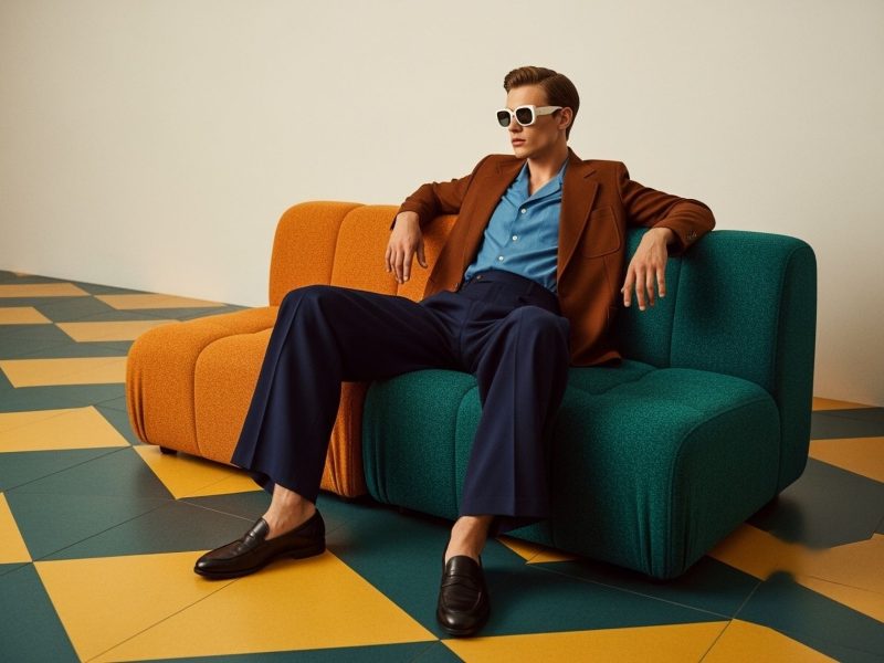 Man in brown blazer and blue shirt sits casually on an orange and green couch, showcasing a modern fashion aesthetic.