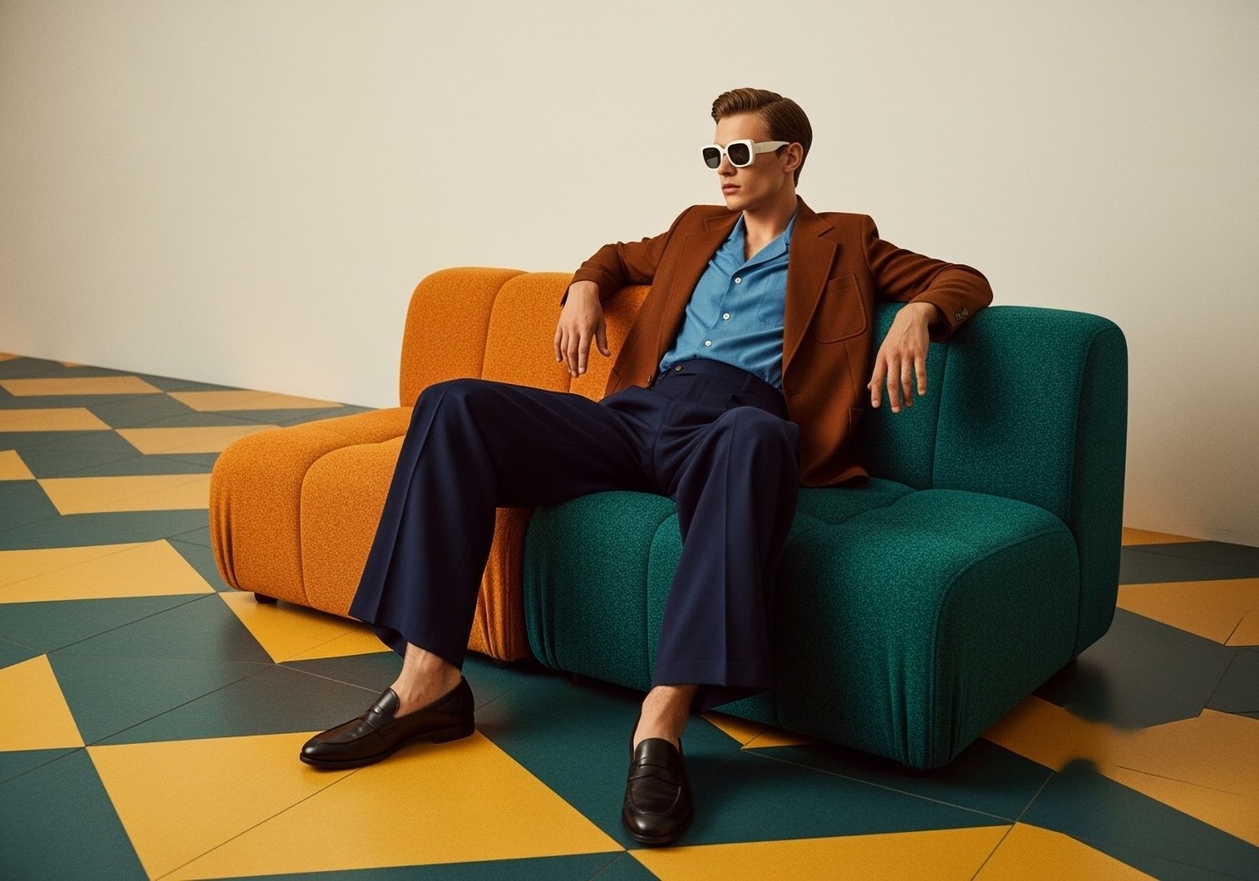 Man in brown blazer and blue shirt sits casually on an orange and green couch, showcasing a modern fashion aesthetic.