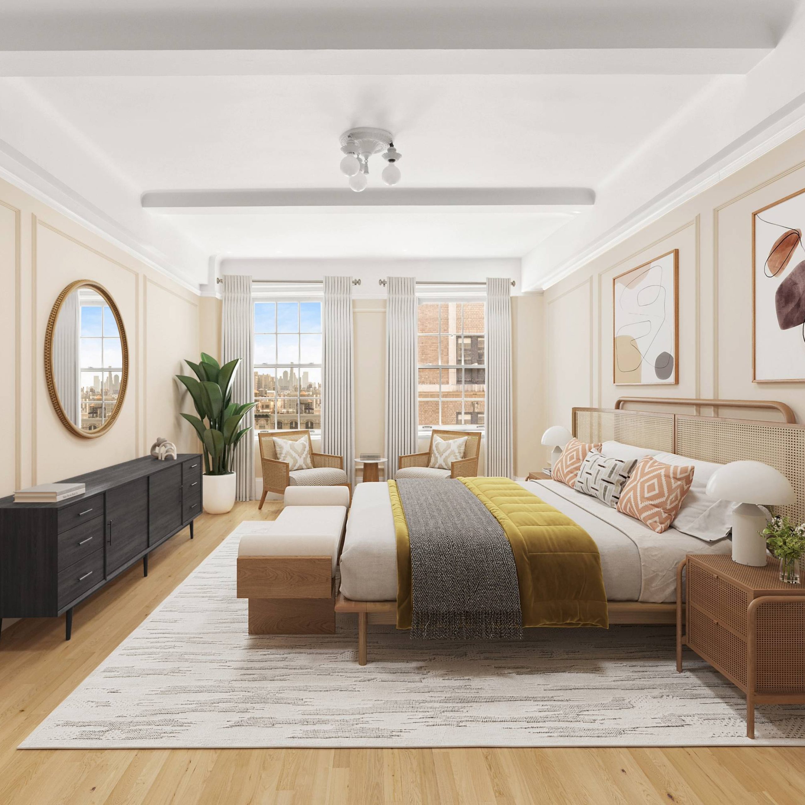 Stylish bedroom with a large window, modern furniture, green plant, and abstract art, showcasing creative design elements.