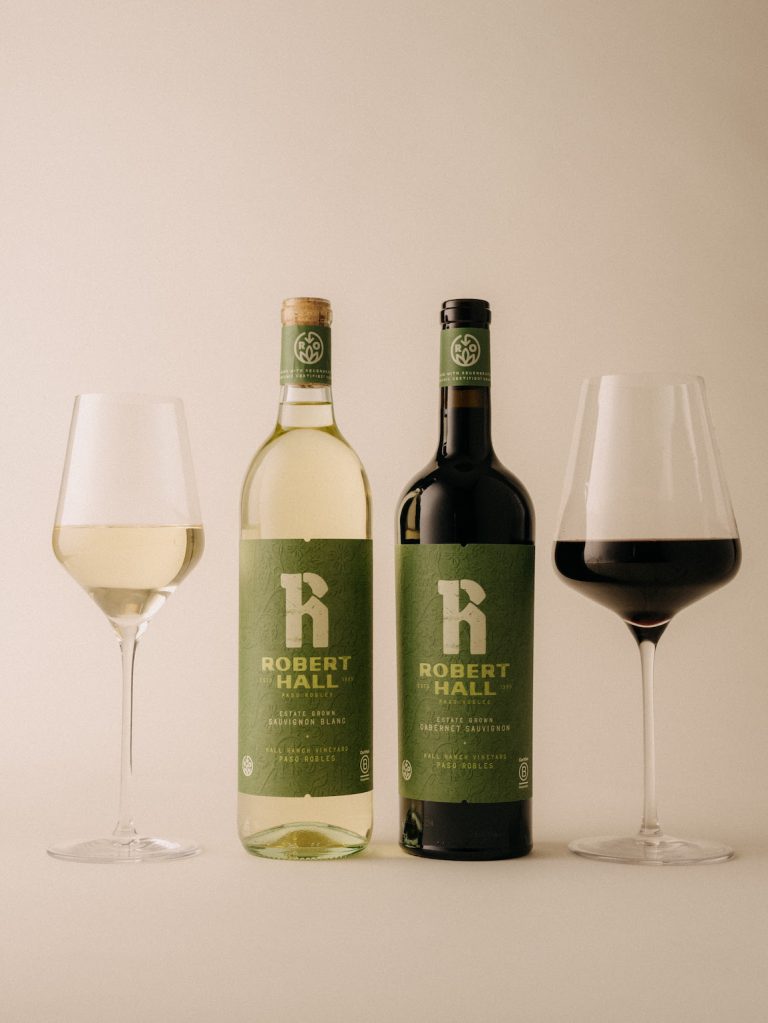 Regenerative Organic Certified wines featuring a white Sauvignon Blanc and a red Cabernet Sauvignon from Robert Hall Vineyards.
