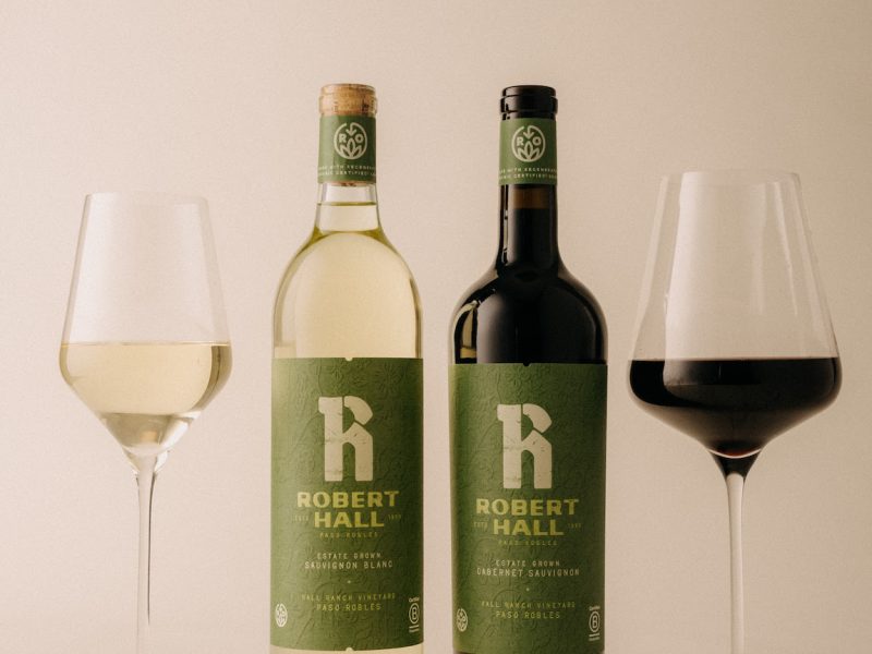 Regenerative Organic Certified wines featuring a white Sauvignon Blanc and a red Cabernet Sauvignon from Robert Hall Vineyards.