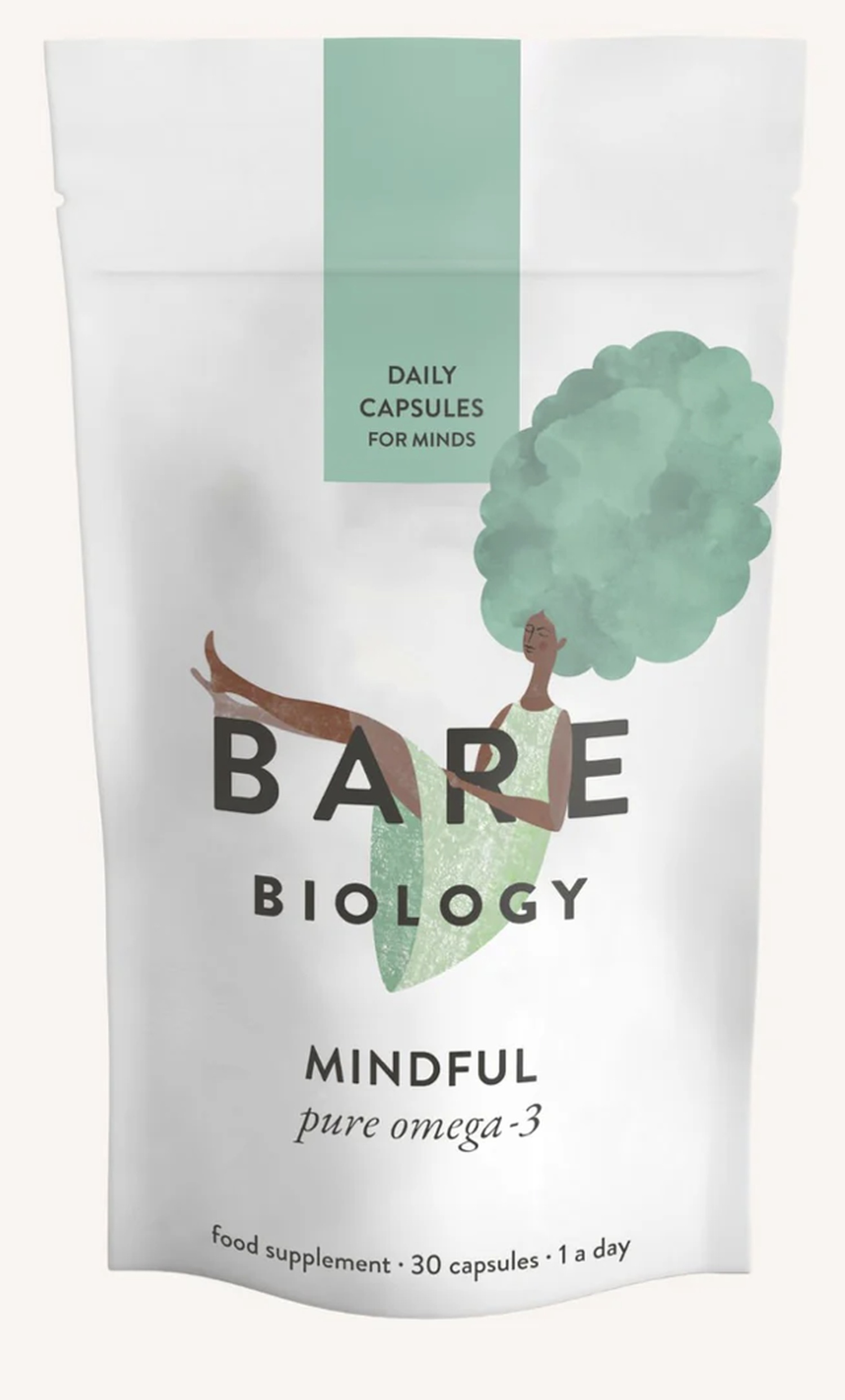 Bare Biology mindful pure omega-3 supplement package with information on daily capsules for enhancing beauty routines.