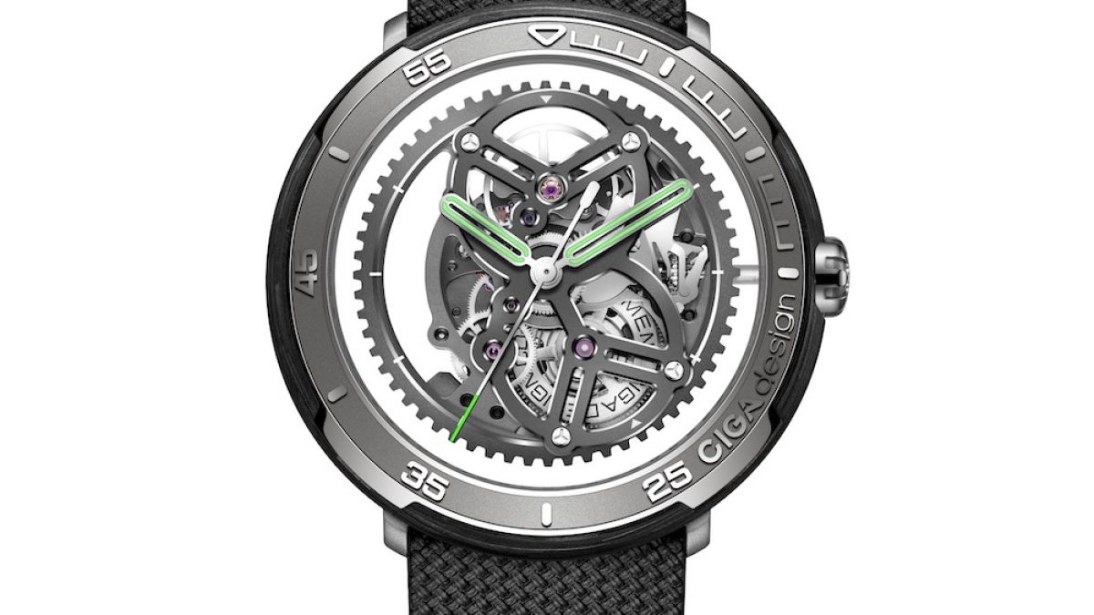 CIGA Design Vector watch features a transparent dial showcasing intricate mechanics and a black textured strap.