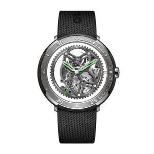 CIGA Design Vector watch features a transparent dial showcasing intricate mechanics and a black textured strap.